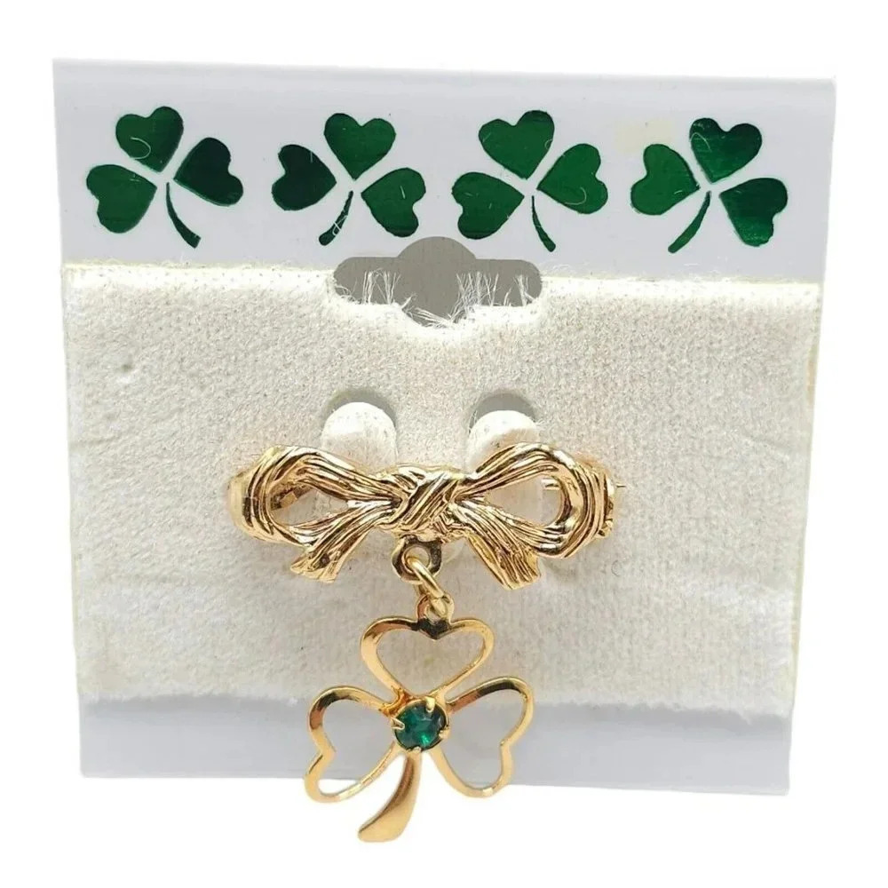Irish Green Rhinestone Lucky Shamrock Bow Dangle Gold Tone Vintage Brooch